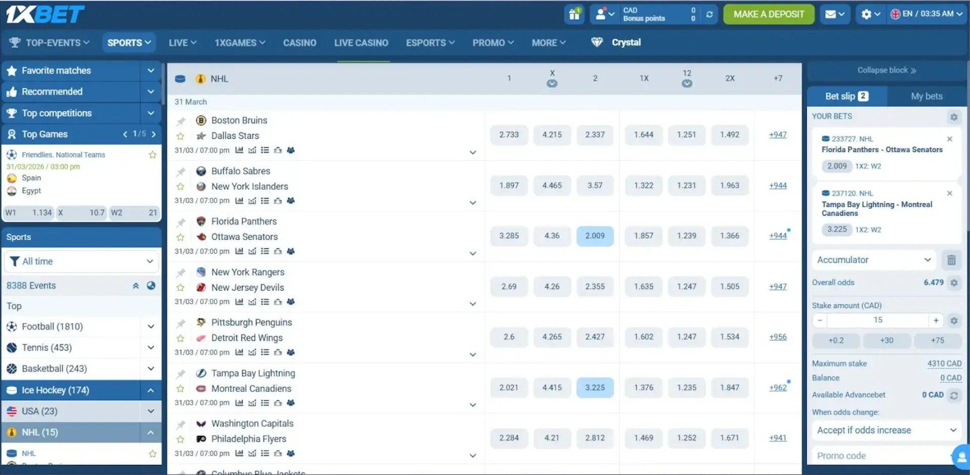 1xBet sportsbook interface showing NHL markets and bet slip