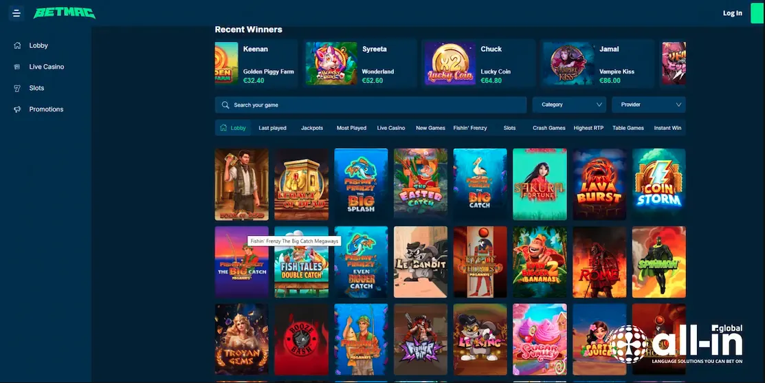 Betmac game lobby with slots and live casino categories