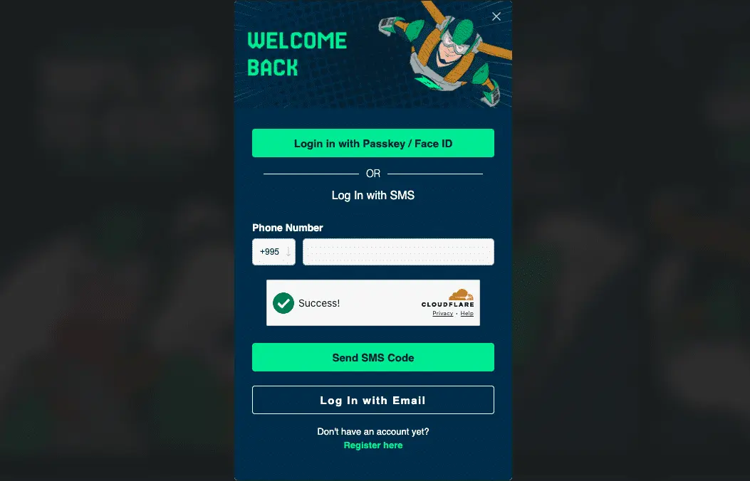 Betmac login modal with passkey, SMS and email sign-in options