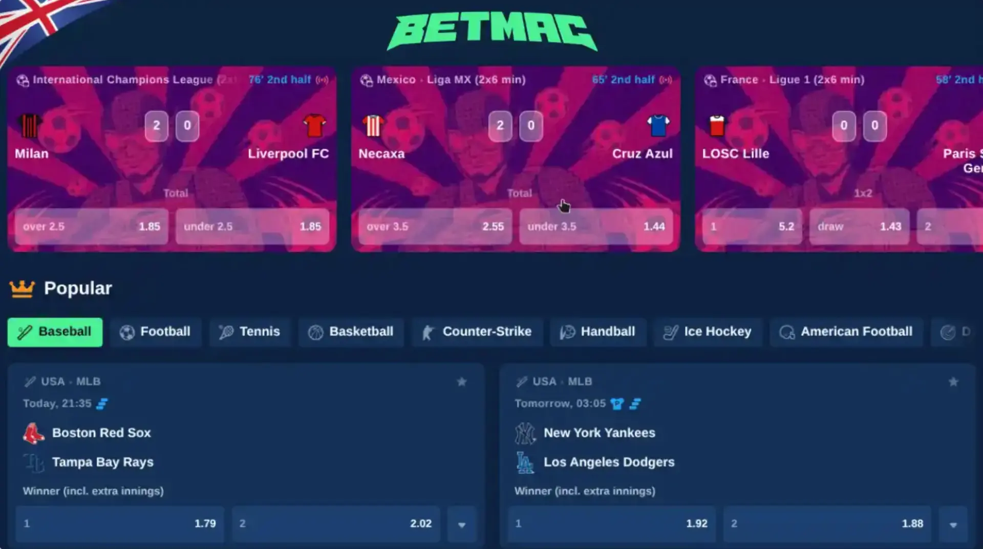 Betmac sportsbook interface with live football and MLB markets
