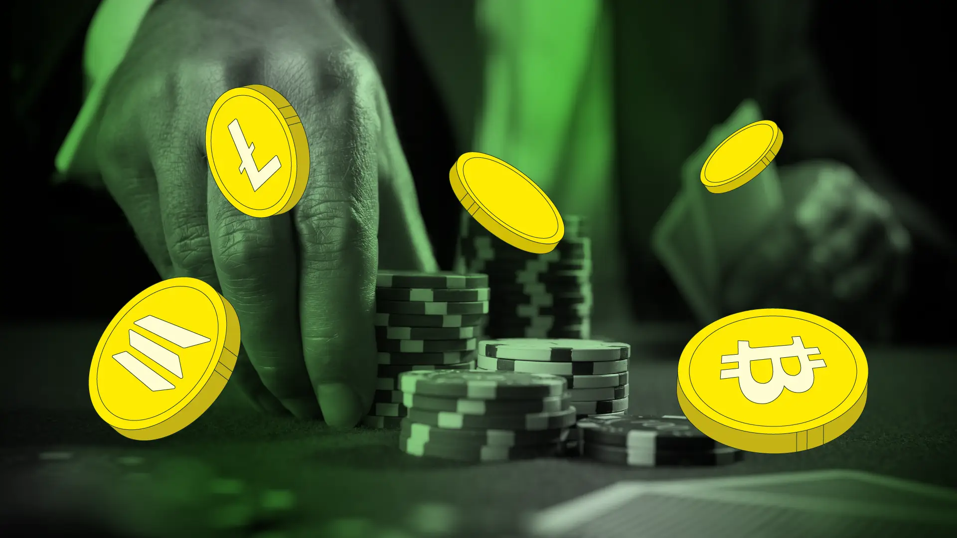 Casino dealer's hand with chips and floating Bitcoin, Litecoin and Solana coins