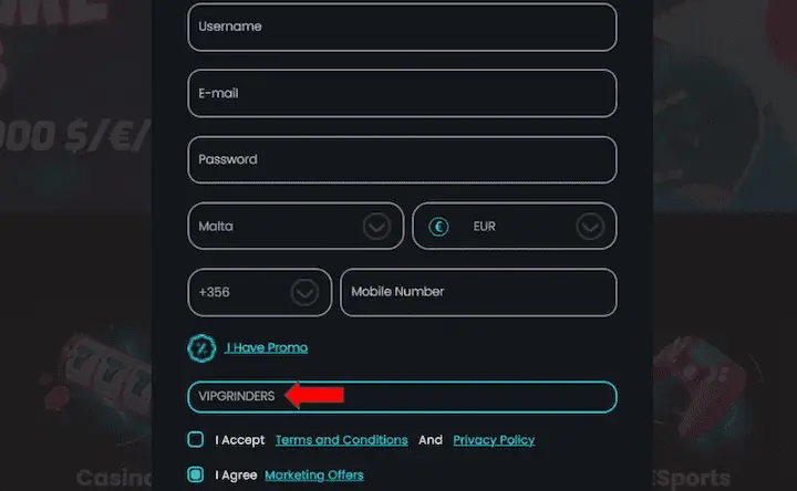 Cosmobet registration form with promo code field