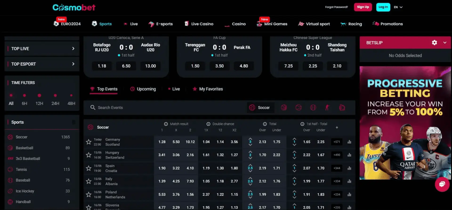 Cosmobet sportsbook interface with pre-match football odds