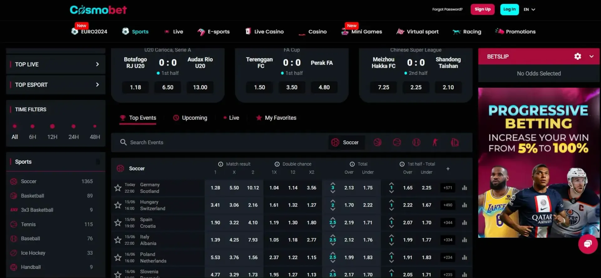 Cosmobet sportsbook interface with pre-match football odds