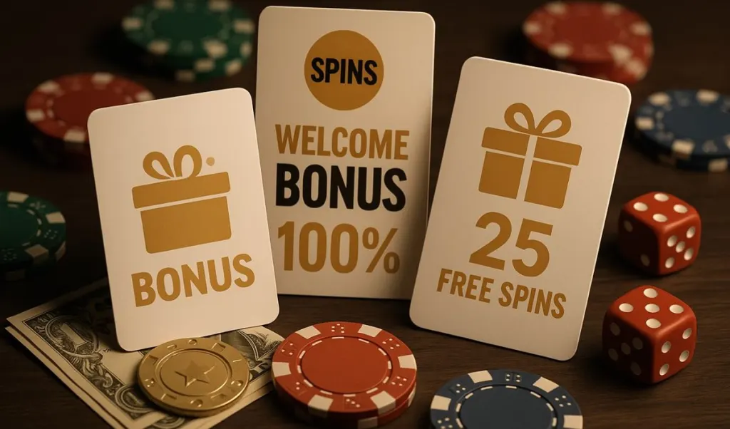 Curacao casino bonus types — welcome bonus, free spins and deposit match cards with chips and dice