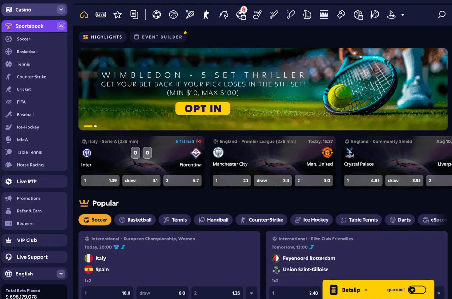 Roobet sportsbook interface with popular football markets