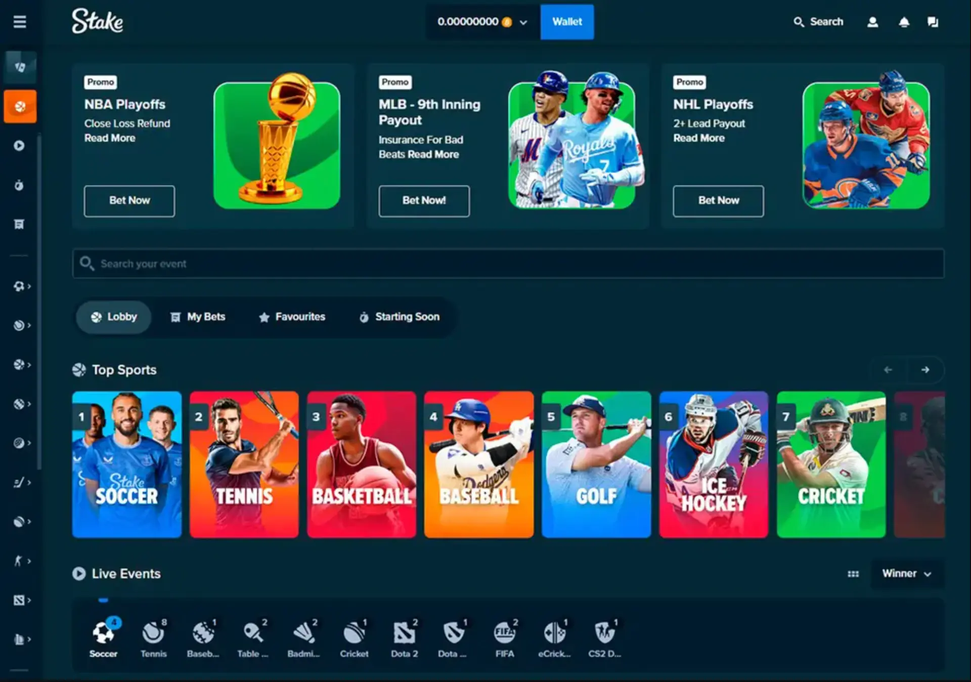 Stake sportsbook lobby showing top sports and live events