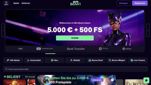 WinBeast casino lobby showing payment options