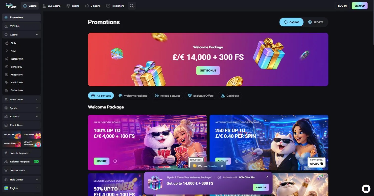 Win Place bonus and promotions page