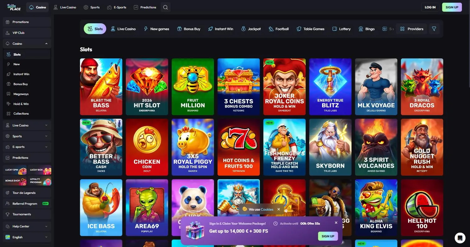Win Place game lobby showing slot categories
