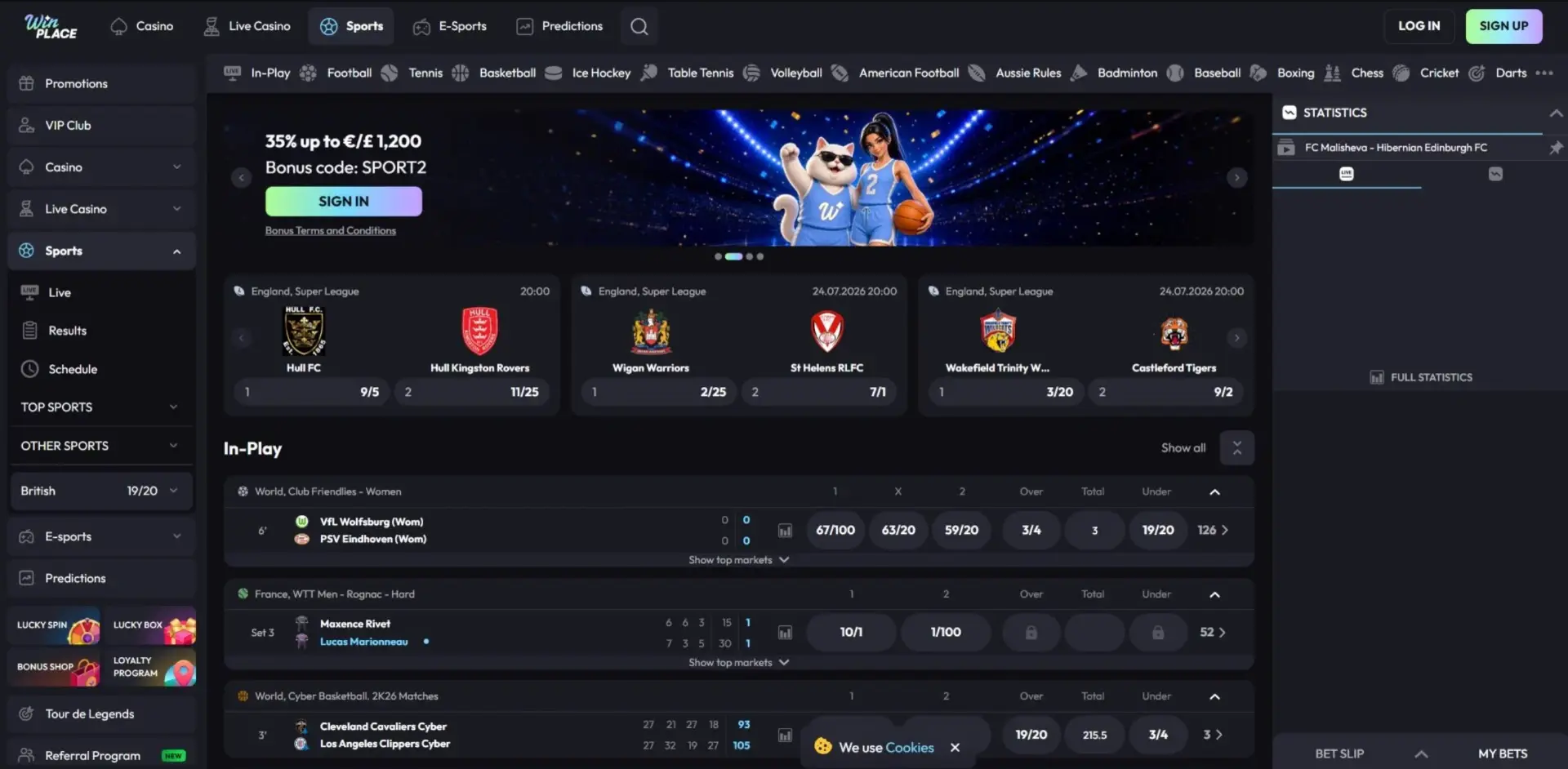 Win Place sportsbook interface showing in-play markets