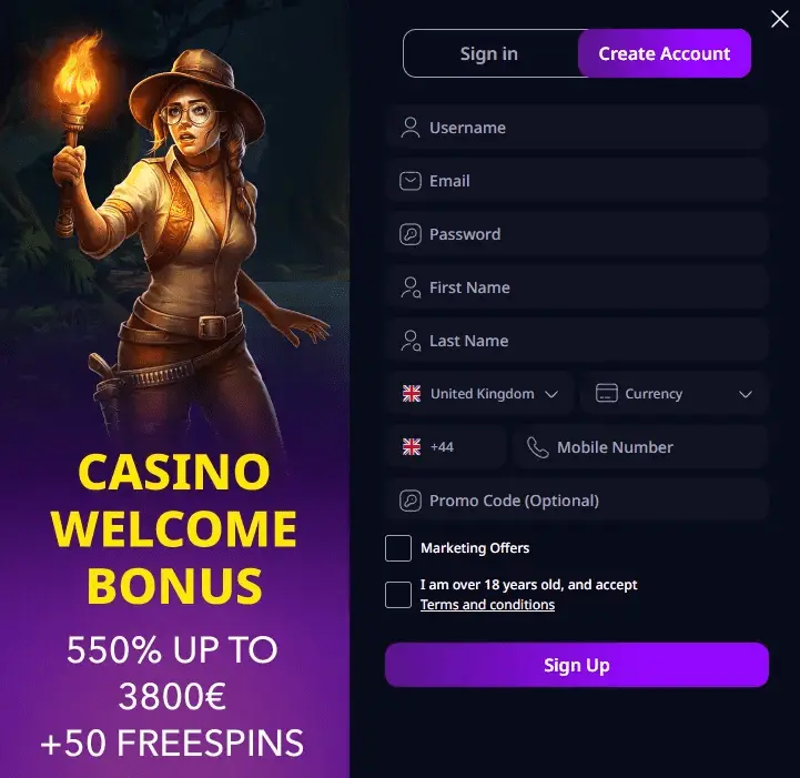 Zizobet registration page