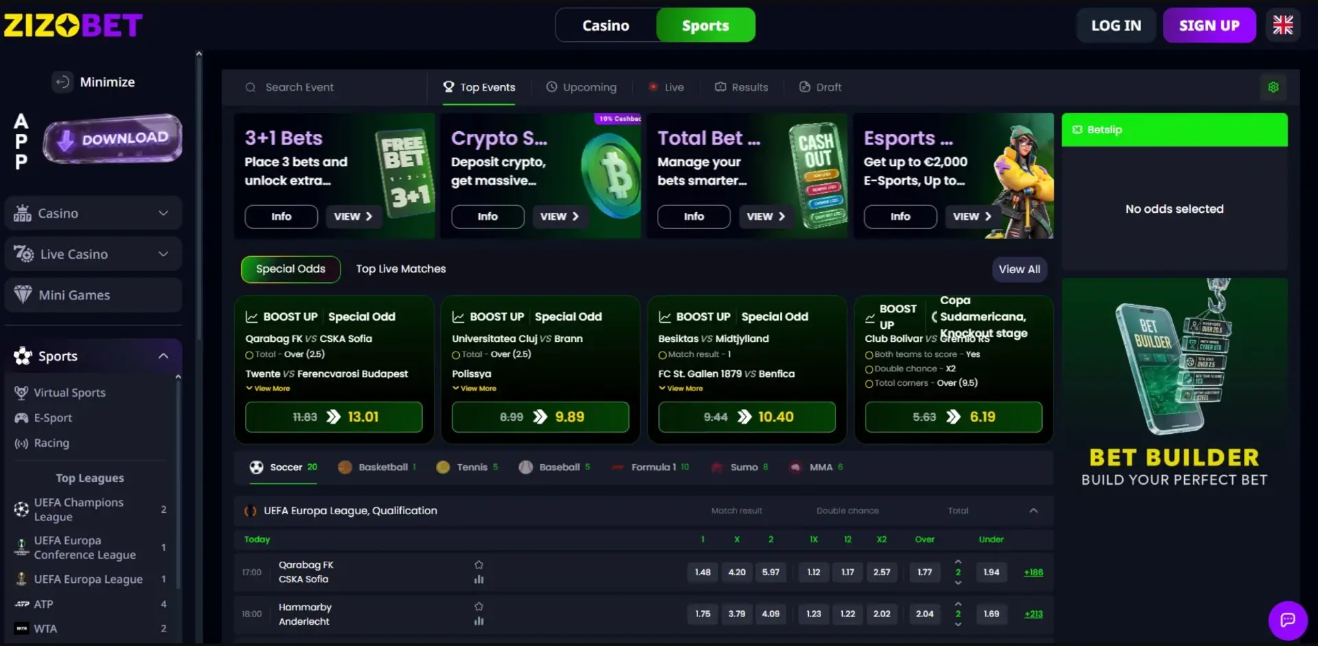 Zizobet sportsbook interface showing live football markets